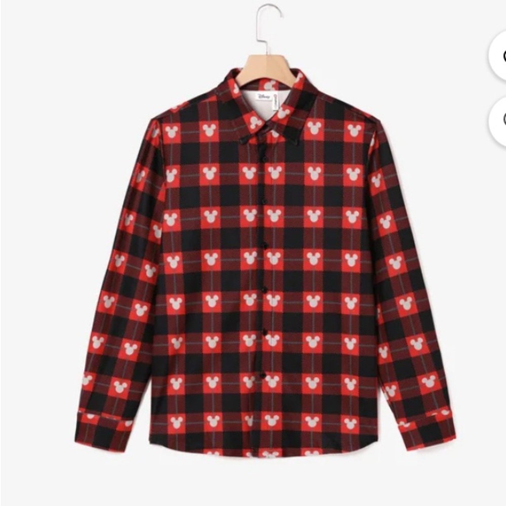 Disney Men Mickey Allover Print Red and Black Plaid Button Down Shirts